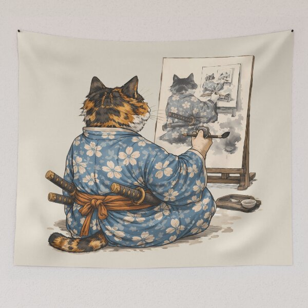 Item preview, Samurai Cat Painting Sumi-e – Japanese Ink Art designed and sold by AuraloomAtelier.