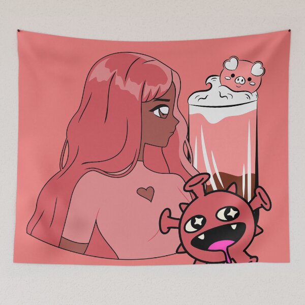 Item preview, Pink Hair Anime Girl with Pig Drink and Red Little Monster designed and sold by Kanniax.
