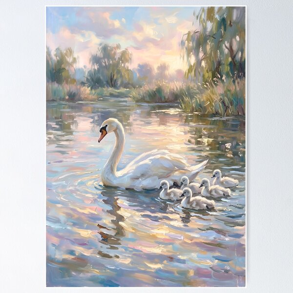 Item preview, Mother Swan and Babies Impressionist Fine Art Painting designed and sold by Imaginationbeyond.