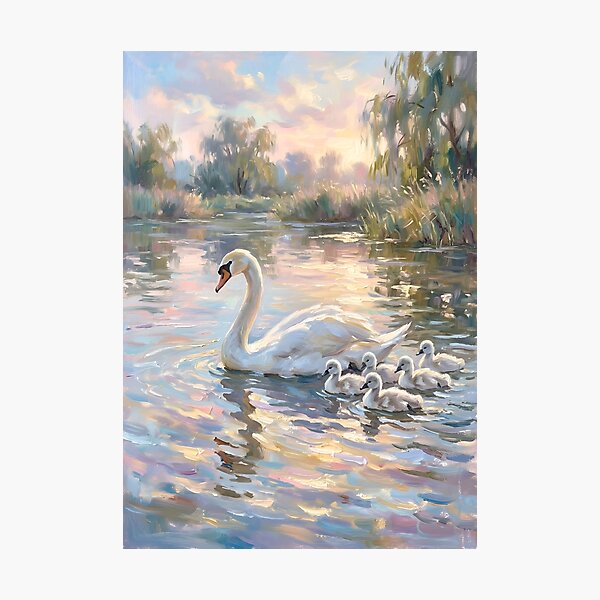 Item preview, Pintura impresionista de bellas artes: Madre cisne y sus crías. designed and sold by Imaginationbeyond.