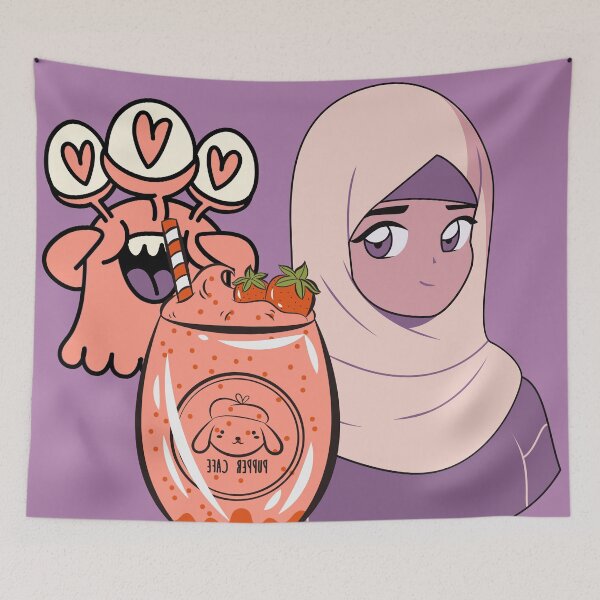 Item preview, Hijab Anime Girl with Strawberry Drink and Heart-Eye Monster designed and sold by Kanniax.