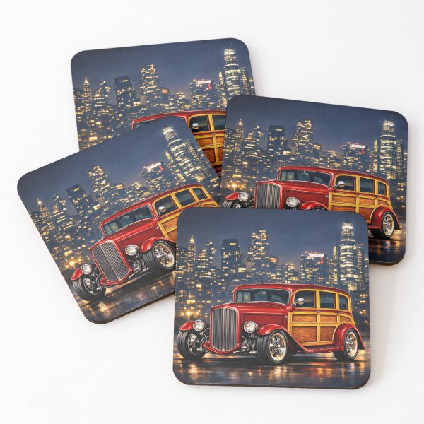 Item preview, Retro Red Hot Rod in Neon Cityscape – High-End Automotive Art designed and sold by Ela Design Studio .