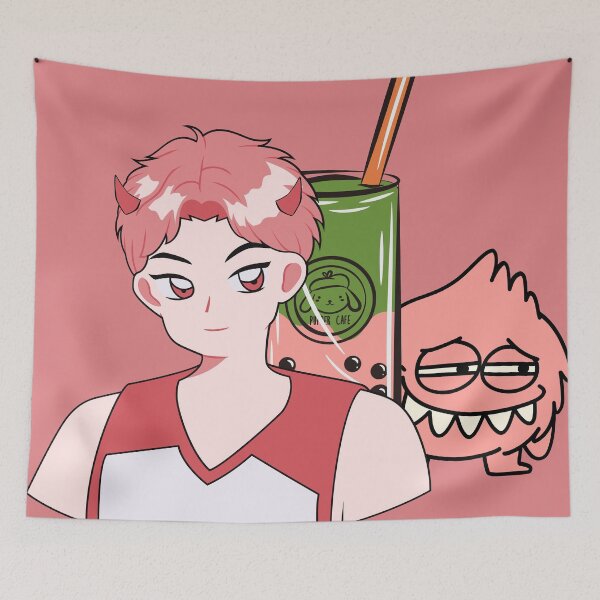 Item preview, Anime Demon Boy with Matcha Strawberry Bubble Tea and Pink Monster designed and sold by Kanniax.