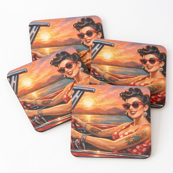 Item preview, Retro Pin-Up Sunset Drive – Vintage Rockabilly Summer Art designed and sold by Ela Design Studio .