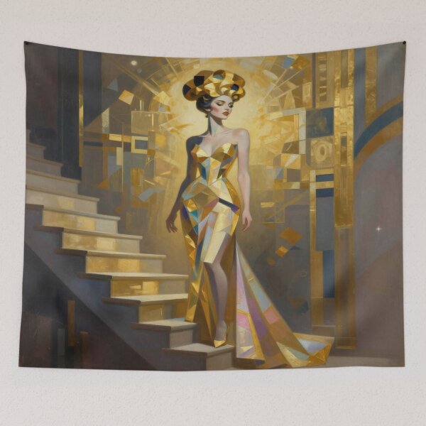 Item preview, Golden couture elegance on the stairs – Modern Art Fashion in radiant geometry designed and sold by FotoworldEdel.