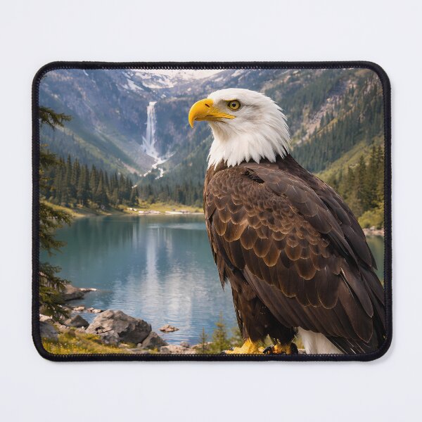 Item preview, Majestic Bald Eagle perched on a rock with a breathtaking mountain lake and waterfall in the background – Alpine wilderness landscape. designed and sold by Dreamy Armine Art.