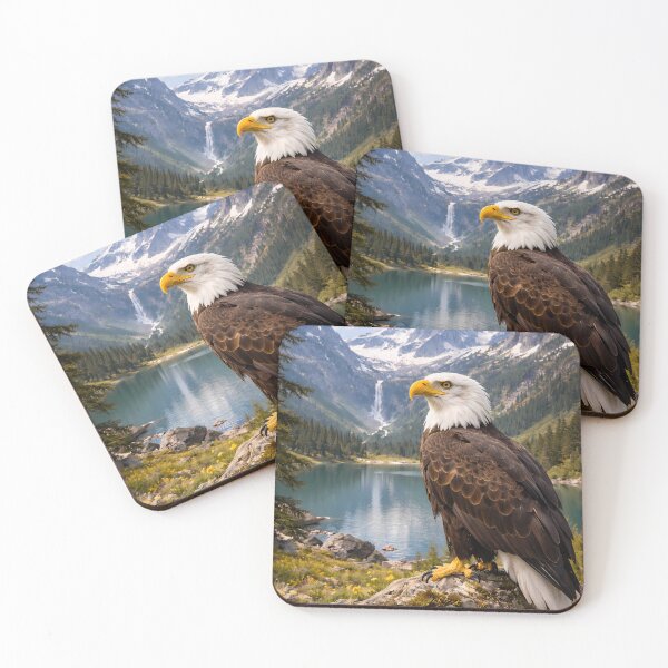 Item preview, Majestic Bald Eagle perched on a rock with a breathtaking mountain lake and waterfall in the background – Alpine wilderness landscape. designed and sold by Dreamy Armine Art.