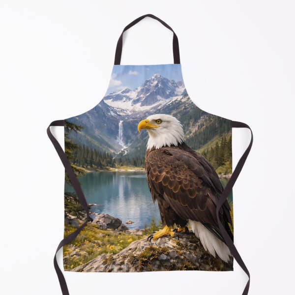 Item preview, Majestic Bald Eagle perched on a rock with a breathtaking mountain lake and waterfall in the background – Alpine wilderness landscape. designed and sold by Dreamy Armine Art.
