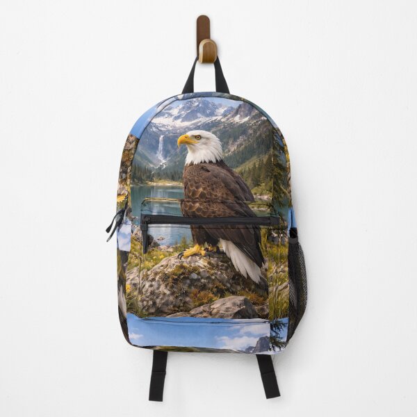 Item preview, Majestic Bald Eagle perched on a rock with a breathtaking mountain lake and waterfall in the background – Alpine wilderness landscape. designed and sold by Dreamy Armine Art.