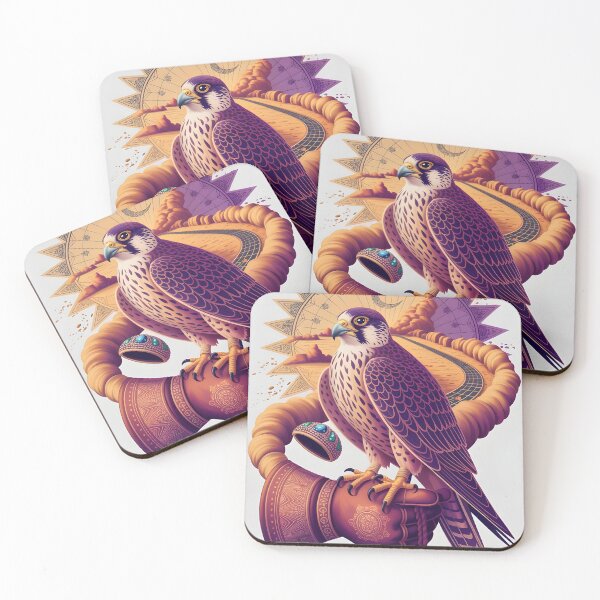 Item preview, Arabian Falcon Desert Road Art - Warm Sunset Tones - Prayer Beads Mandala Bird Print designed and sold by GoldenVerseArt.