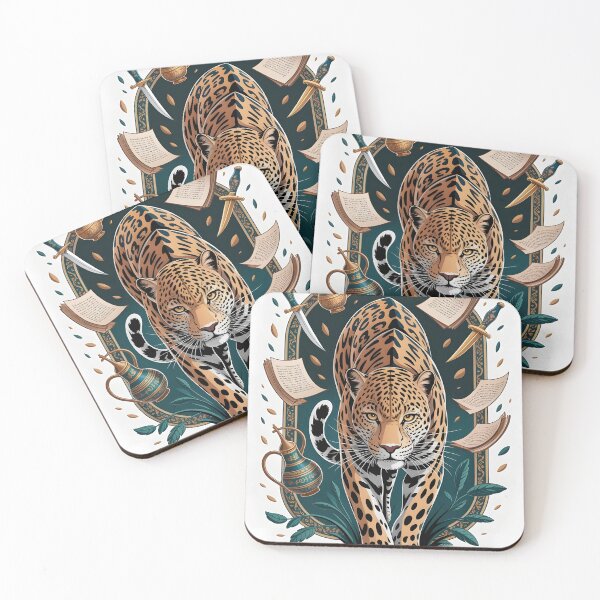 Item preview, Arabian Leopard Walking - Ancient Shield Heritage Art - Teal Arabesque Wildlife Print designed and sold by GoldenVerseArt.