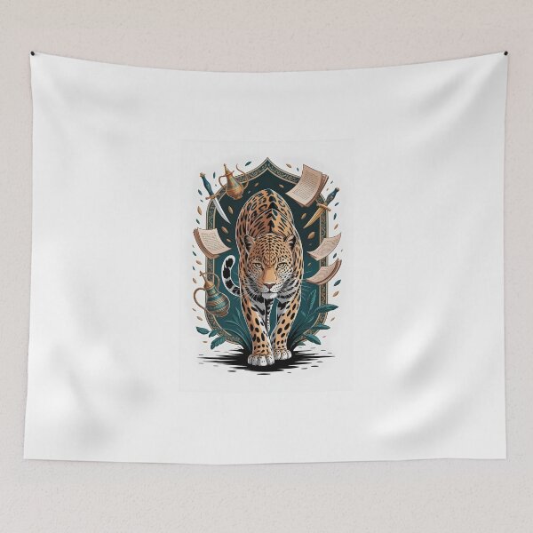 Item preview, Arabian Leopard Walking - Ancient Shield Heritage Art - Teal Arabesque Wildlife Print designed and sold by GoldenVerseArt.