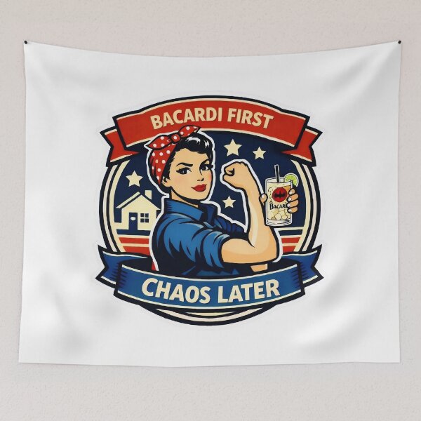 Item preview, Bacardi First, Chaos Later retro Rosie the Riveter Inspired | Muggy & Mo designed and sold by MuggyandMo.
