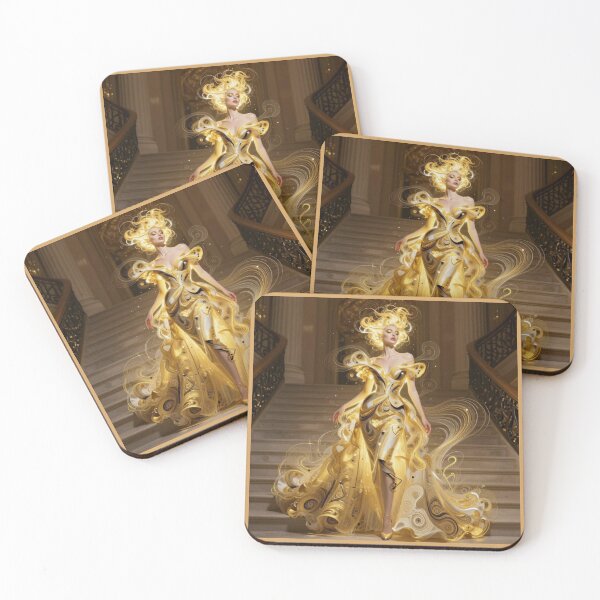 Artikelvorschau, Goldene Couture‑Eleganz voller Lichtenergie auf einer majestätischen Treppe in modernem Art‑Design entworfen und verkauft von FotoworldEdel.