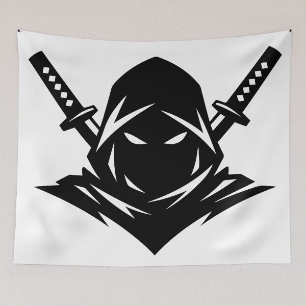 Item preview, Mysterious Hooded Figure with white Eyes Minimalist Assassin Logo and Anime Style Vector Icon Emblem with Crossed Swords Silhouette	 designed and sold by AtonuHaque.
