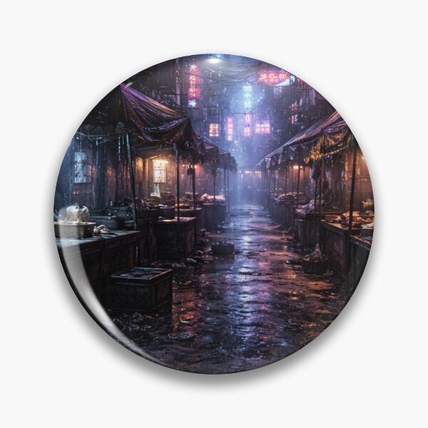 Aperçu de l'œuvre Marché nocturne cyberpunk abandonné après la pluie créée et vendue par Pond21.