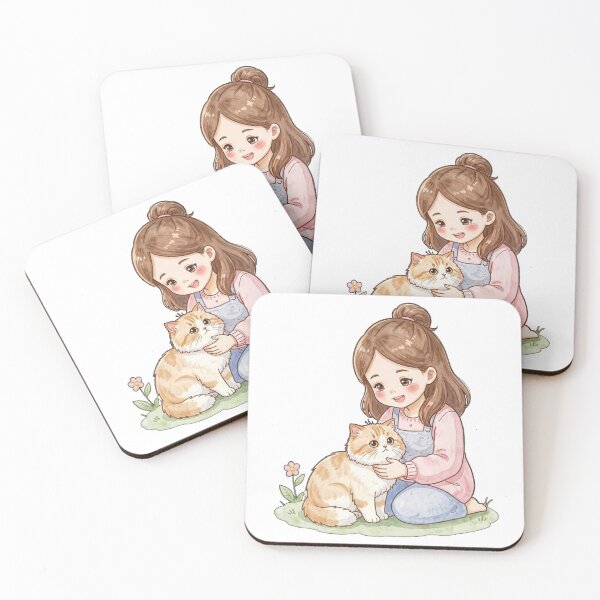 Aperçu de l'œuvre Fille kawaii et chat persan duveteux à l'aquarelle créée et vendue par RonBear-Designs.
