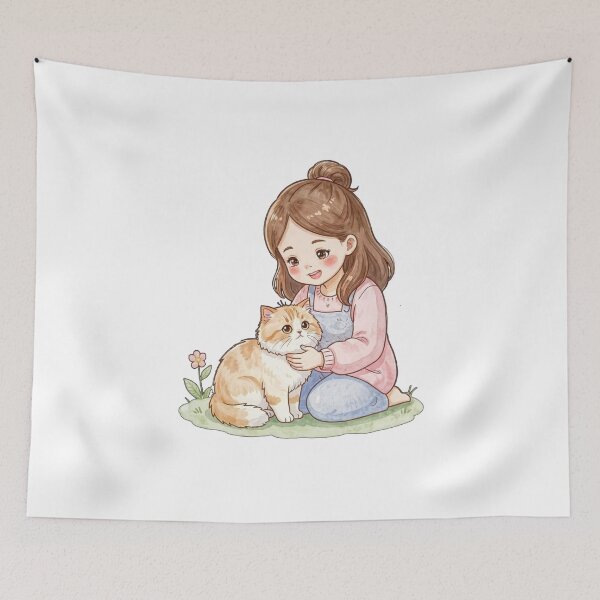 Aperçu de l'œuvre Fille kawaii et chat persan duveteux à l'aquarelle créée et vendue par RonBear-Designs.