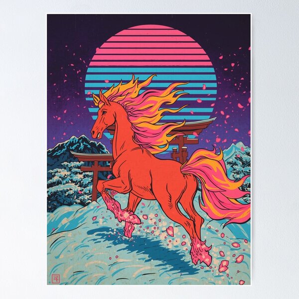Item preview, Retrowave Ukiyo-e | Neon Fire Horse & Torii Gate Synthwave Art designed and sold by Vandy Fullam.
