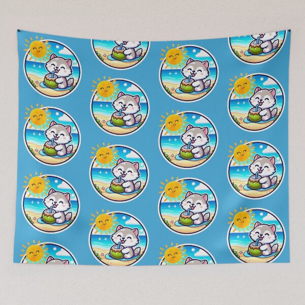 Item preview, Cute Husky Drinking Coconut on the Beach -Kawaii Summer Dog designed and sold by carestazafeli.