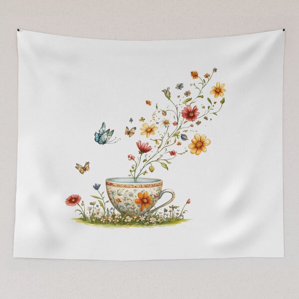 Item preview, Floral Teacup with Butterflies - Whimsical Romantic Floral Art Print designed and sold by DesignArtist.ia.