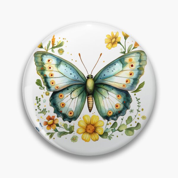 Item preview, Teal Green Butterfly with Yellow Flowers - Elegant Watercolor Floral Art Print designed and sold by DesignArtist.ia.
