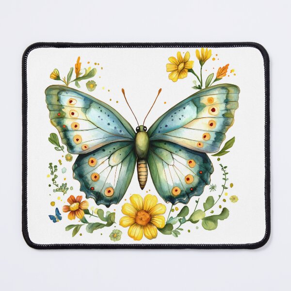 Item preview, Teal Green Butterfly with Yellow Flowers - Elegant Watercolor Floral Art Print designed and sold by DesignArtist.ia.