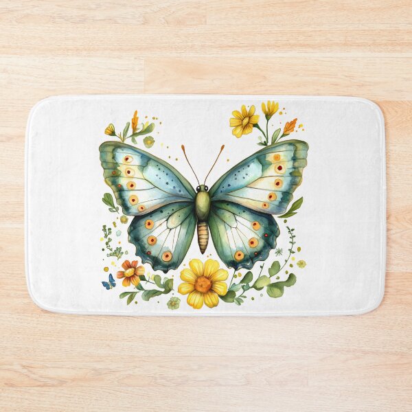Item preview, Teal Green Butterfly with Yellow Flowers - Elegant Watercolor Floral Art Print designed and sold by DesignArtist.ia.