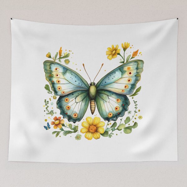 Item preview, Teal Green Butterfly with Yellow Flowers - Elegant Watercolor Floral Art Print designed and sold by DesignArtist.ia.