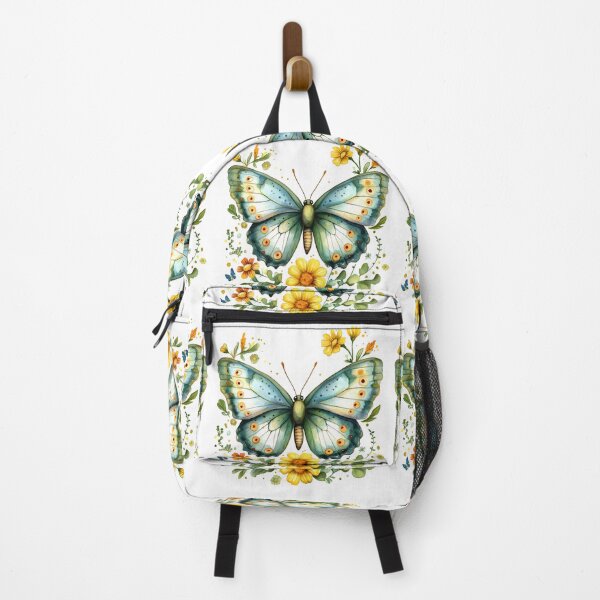 Item preview, Teal Green Butterfly with Yellow Flowers - Elegant Watercolor Floral Art Print designed and sold by DesignArtist.ia.