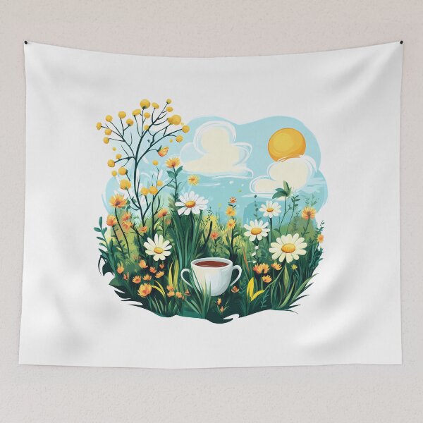 Item preview, Sunny Daisy Meadow with Teacup - Cheerful Spring Floral Art Print designed and sold by DesignArtist.ia.