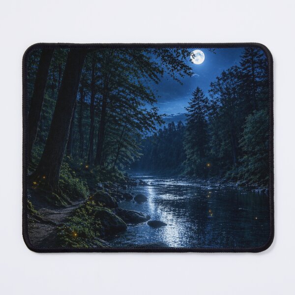 Item preview, Moonlit Forest River – Night Landscape with Fireflies and Soft Blue Light designed and sold by Pond21.