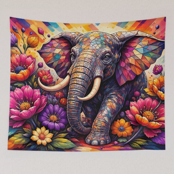 Aperçu de l'œuvre Éléphant coloré dans un jardin en fleurs créée et vendue par cuprum.