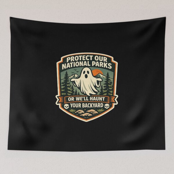 Item preview, Protect Our National Parks Sticker, Ghost Nature Sticker, Funny Camping Sticker, Spooky Forest Die Cut Sticker designed and sold by VibeOffline Studio.