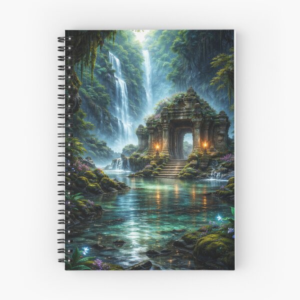 Aperçu de l'œuvre Temple antique dans la jungle, entouré de cascades lumineuses créée et vendue par Pond21.