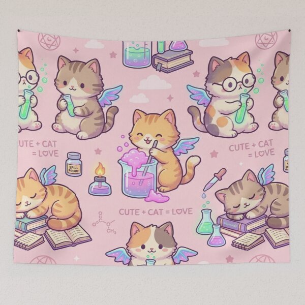 Item preview, Cute Kawaii Bakeneko Kittens Chemistry Lab & Magic Potions Pattern designed and sold by InnerwayStudio.