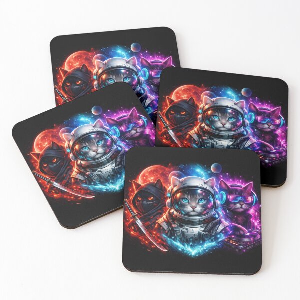 Item preview, Cyberpunk Space Cats Neon Galaxy Trio designed and sold by Moody Vibes Studio.