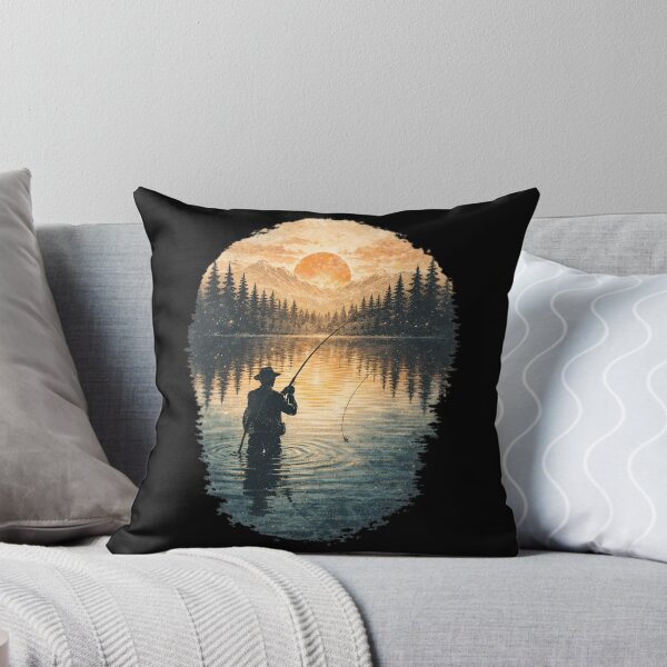 Item preview, Golden Sunset Fishing Silhouette in Mountain Lake - Peaceful Nature Angler  designed and sold by SidTastic .