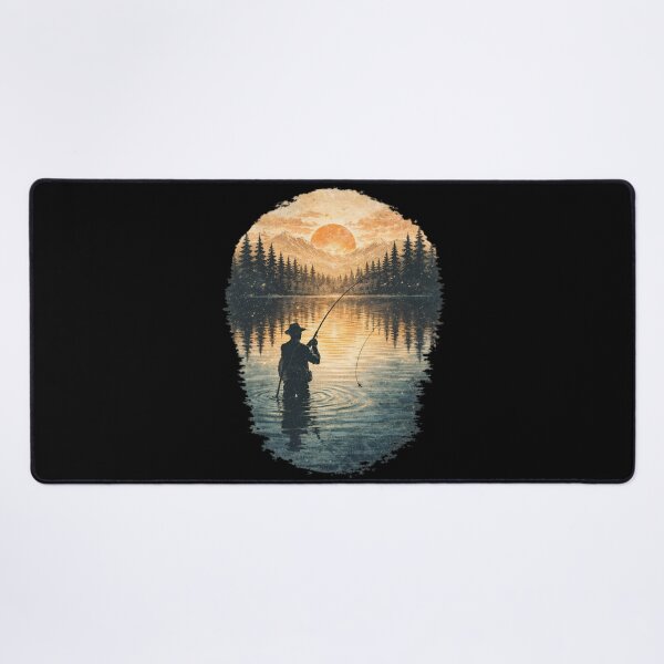 Item preview, Golden Sunset Fishing Silhouette in Mountain Lake - Peaceful Nature Angler designed and sold by SidTastic .