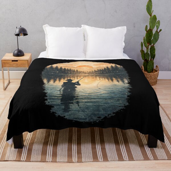 Item preview, Golden Sunset Fishing Silhouette in Mountain Lake - Peaceful Nature Angler  designed and sold by SidTastic .