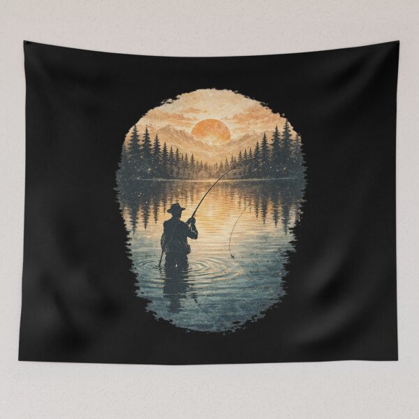Item preview, Golden Sunset Fishing Silhouette in Mountain Lake - Peaceful Nature Angler  designed and sold by SidTastic .