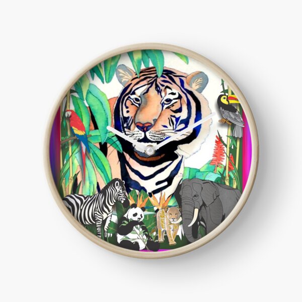 Tiger in Jungle Leaves Clock