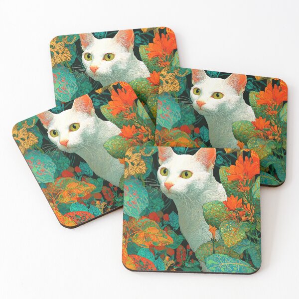 Item preview, psychedelic white cat floral art vibrant botanical illustration with lush leaves and bold colors designed and sold by JackrabbitPub.