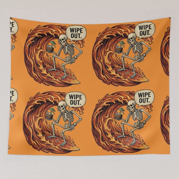 Item preview, Skeleton Surfing Fire Wave – Wipe Out Funny Skull Surfer Dark Humor Graphic Tee designed and sold by Raw Tigers.
