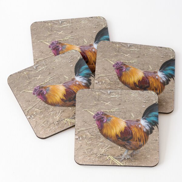 Item preview, Colorful Rooster Walking on Dirt Farmyard With Iridescent Tail Feathers and Bright Red Comb designed and sold by Nmallia.