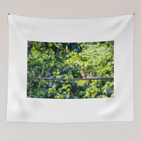 Item preview, European Robin Perched on Wire in Lush Green Garden Foliage, Close-Up Wildlife Portrait designed and sold by Nmallia.