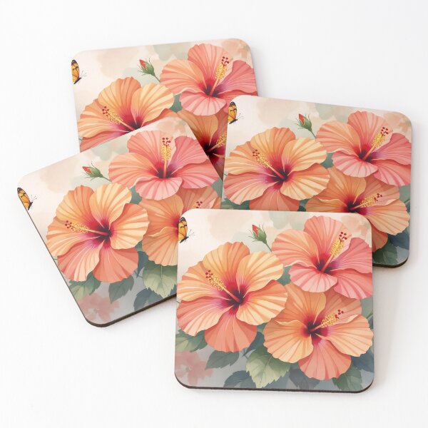 Item preview, Golden Tropical Trio: Hibiscus Flowers with Monarch Butterfly designed and sold by Serene Strokes Art.