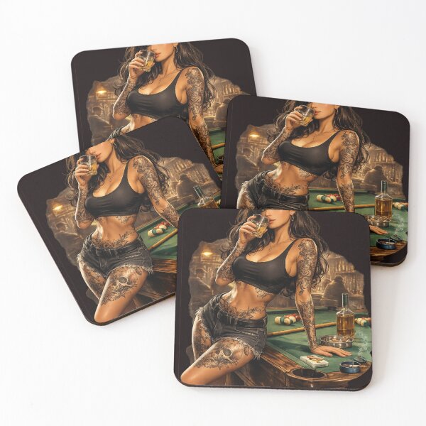 Item preview, Dark Tattoo Woman with Whiskey – Old School American Bar Aesthetic Art designed and sold by HIGHSQUARE.