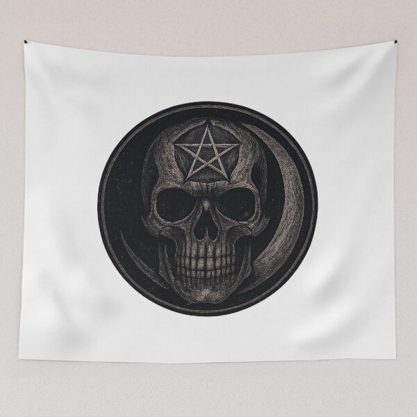 Item preview, Dark Gothic Skull Illustration with Pentacle and Crescent Moon Badge Design for Alternative Fashion designed and sold by DrainedUwU.