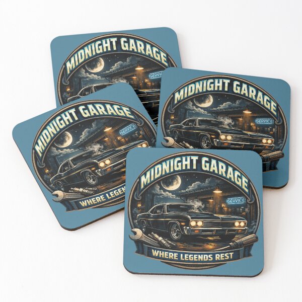 Item preview, Midnight Garage Classic Muscle Car Night Scene designed and sold by Retro Arabica.